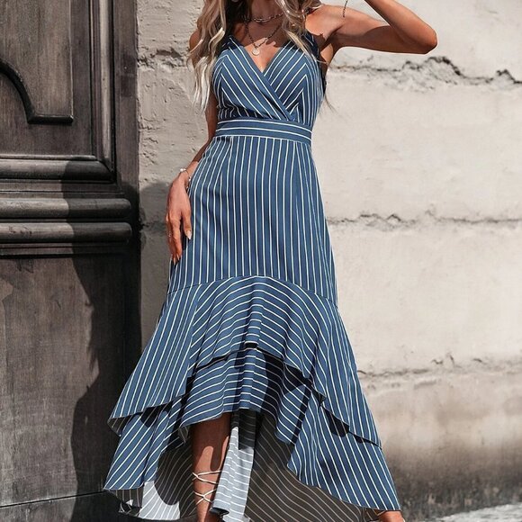 Blue Striped Boho Womens Ruffle Hem Tie Backless Cami Dress - Picture 4 of 5